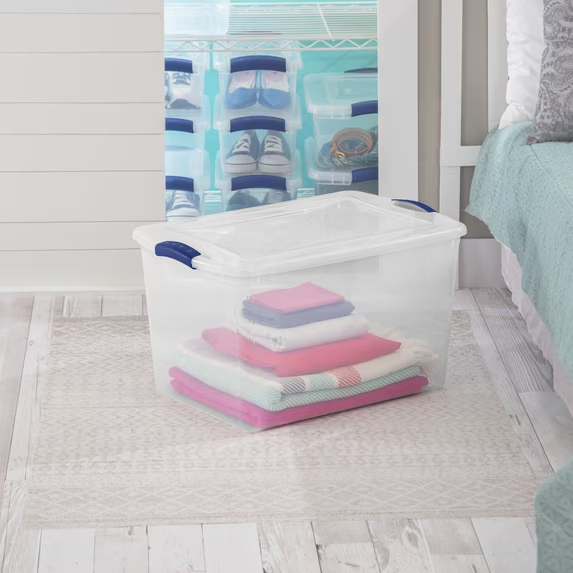 Clear Plastic Storage Box with Secure Blue Latching Lid – Neat Storage Solution for Your Household Clutter