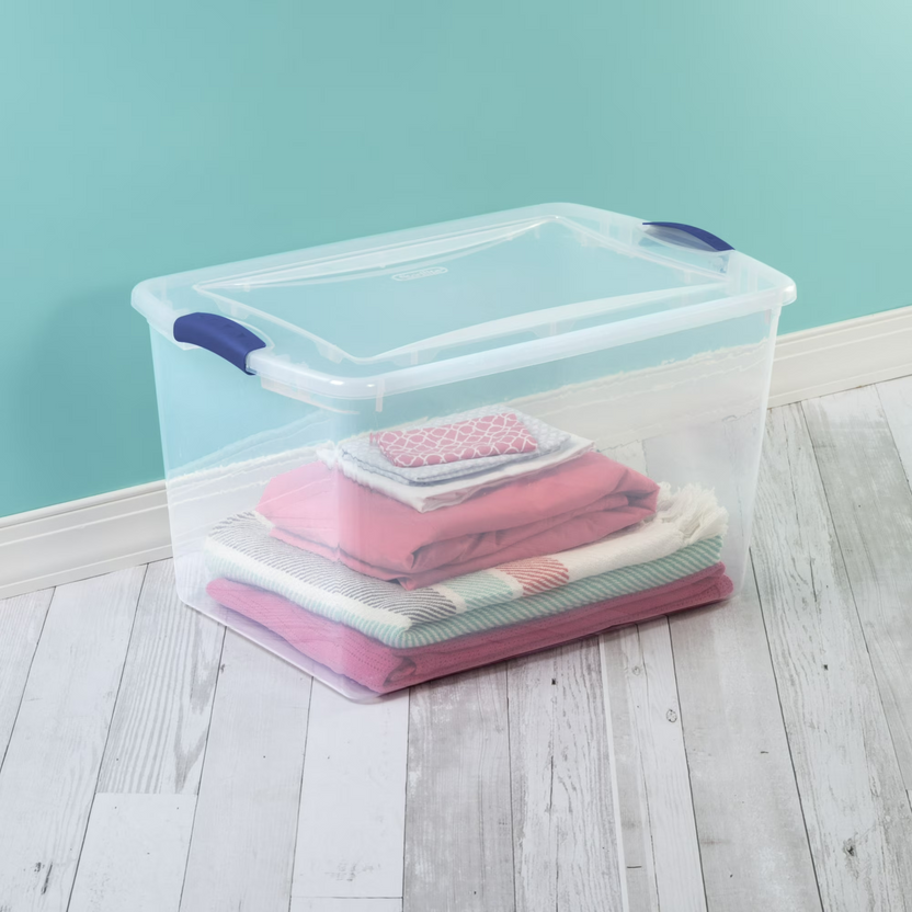 Clear Plastic Storage Box with Secure Blue Latching Lid – Neat Storage Solution for Your Household Clutter