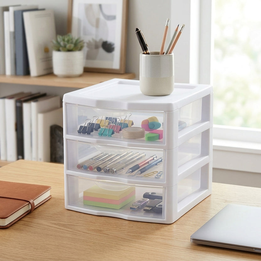 3-Tier Plastic Desktop Drawer Organizer – Compact Multi-Drawer Storage Cabinet to Tidy Up Your Desk & Countertop