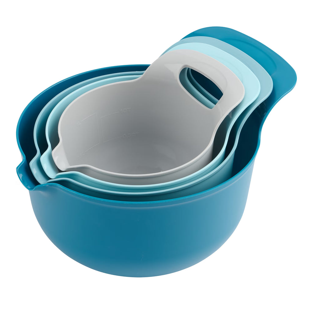 4-Piece Nesting Plastic Mixing Bowl Set – Convenient Stackable Prep Bowls with Pour Spouts & Comfort Handles for All Your Baking & Cooking Tasks