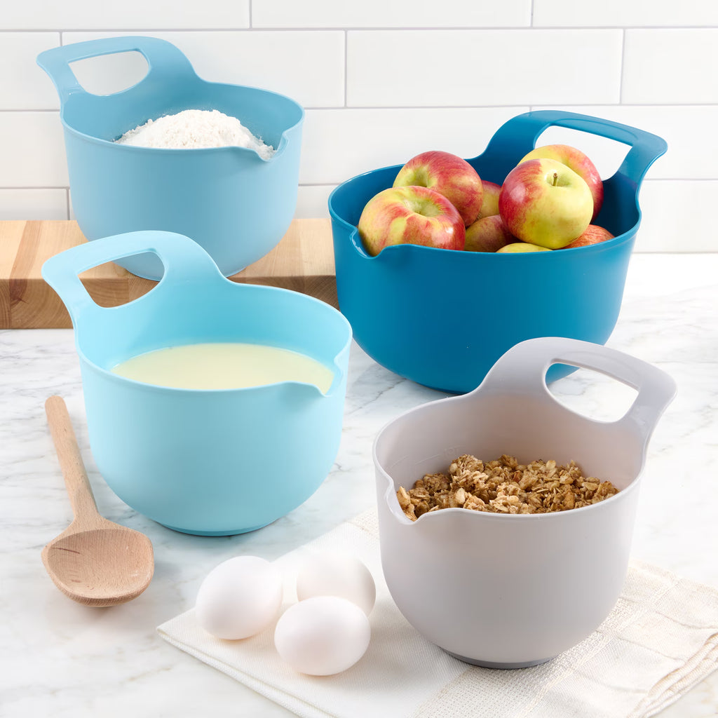 4-Piece Nesting Plastic Mixing Bowl Set – Convenient Stackable Prep Bowls with Pour Spouts & Comfort Handles for All Your Baking & Cooking Tasks