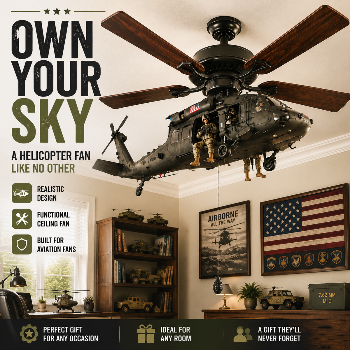 🔥50% OFF TODAY🔥 Military-Inspired Helicopter Ceiling Fan Decor 🚁 Realistic Hanging Ornament for Man Cave, Game Room & Garage