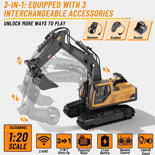 3 in 1 Remote Control Excavator Toy with Metal Bucket/Claw/Drill